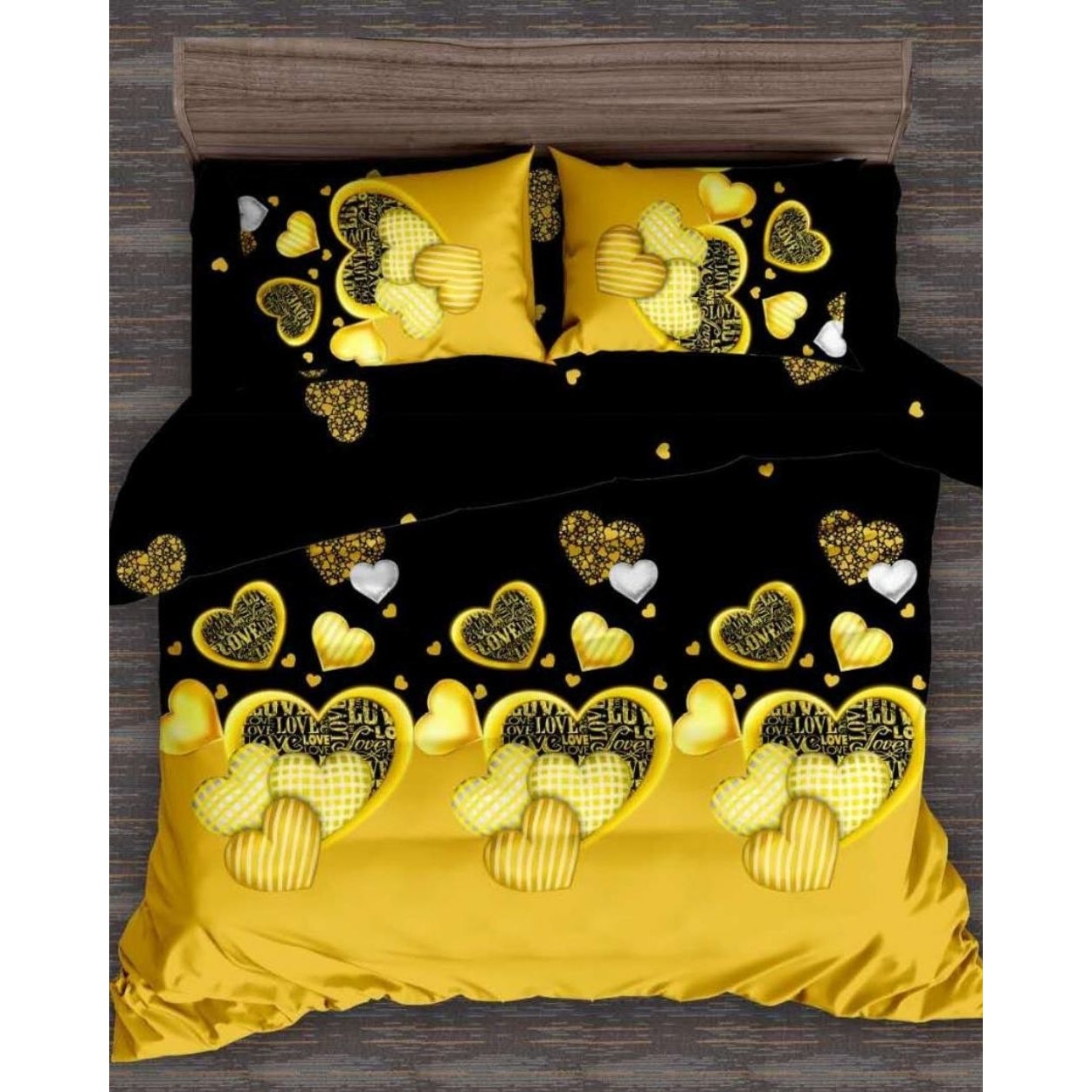Set Lenjerie Finet Satinat, 6 Piese, Pat 2 Persoane, Golden Hearts