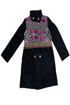 Palton din lana cu broderie si insertii de material cu imprimeu geometric Palton din lana cu broderie si insertii de material cu imprimeu geometric