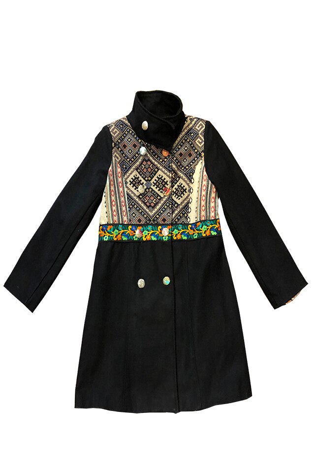 Palton din lana cu broderie, insertii de material imprimeu romburi, Sadhana, marime 2XL, Multicolor