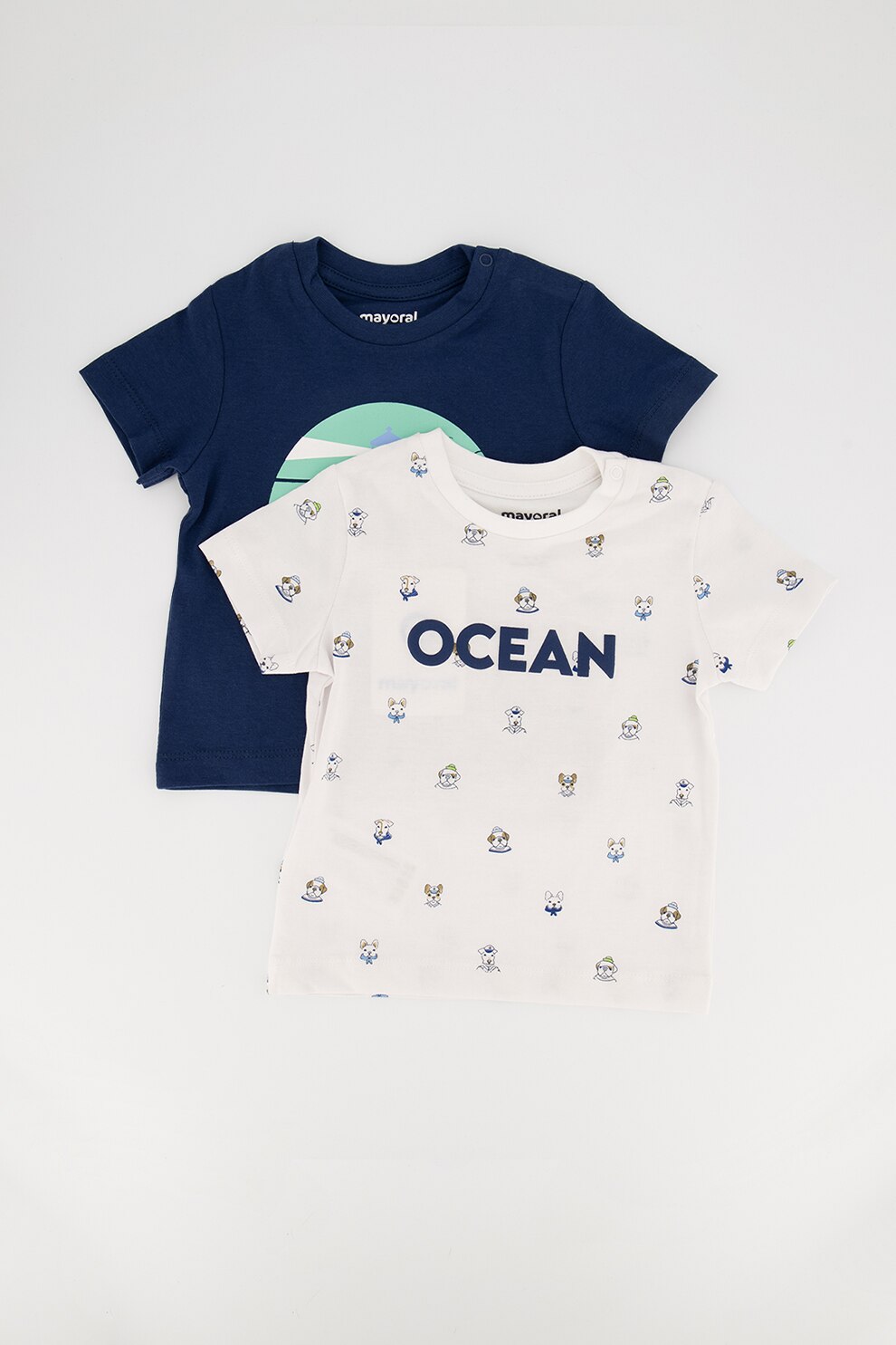 Mayoral, Set 2 tricouri regular fit, baieti, cu imprimeu Ocean, Alb/Bleumarin