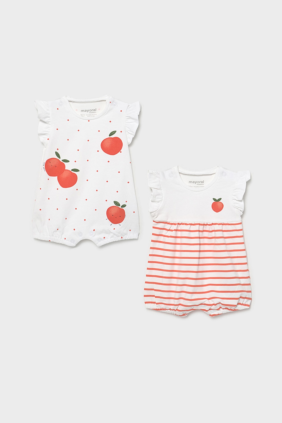 Mayoral, Set de salopete scurte cu imprimeu cu piersici - 2 piese, Alb/Rosu, 70 CM Standard
