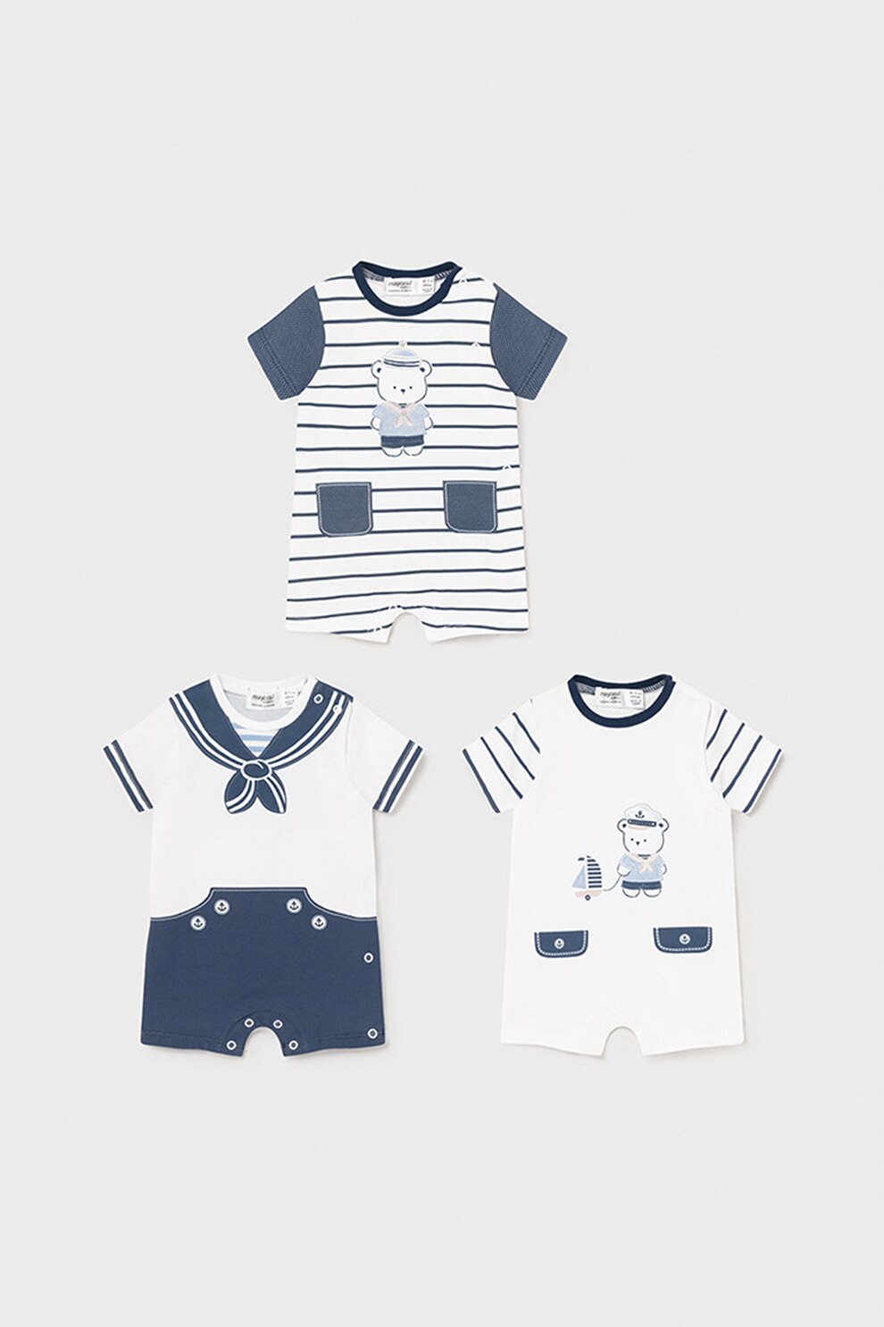 Mayoral, Set 3 salopete cu maneci scurte, baieti, motive marinaresti, Alb/Bleumarin, Alb/Bleumarin