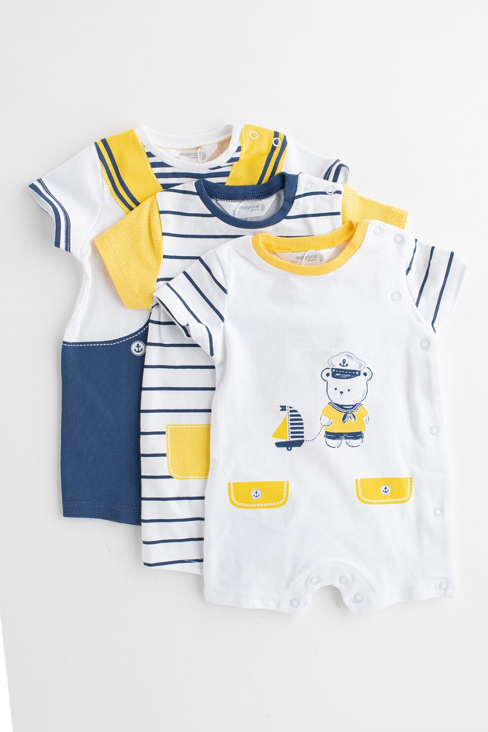 Mayoral, Set 3 salopete cu maneci scurte, baieti, motive marinaresti, Alb/Bleumarin, Albastru/Galben/Alb