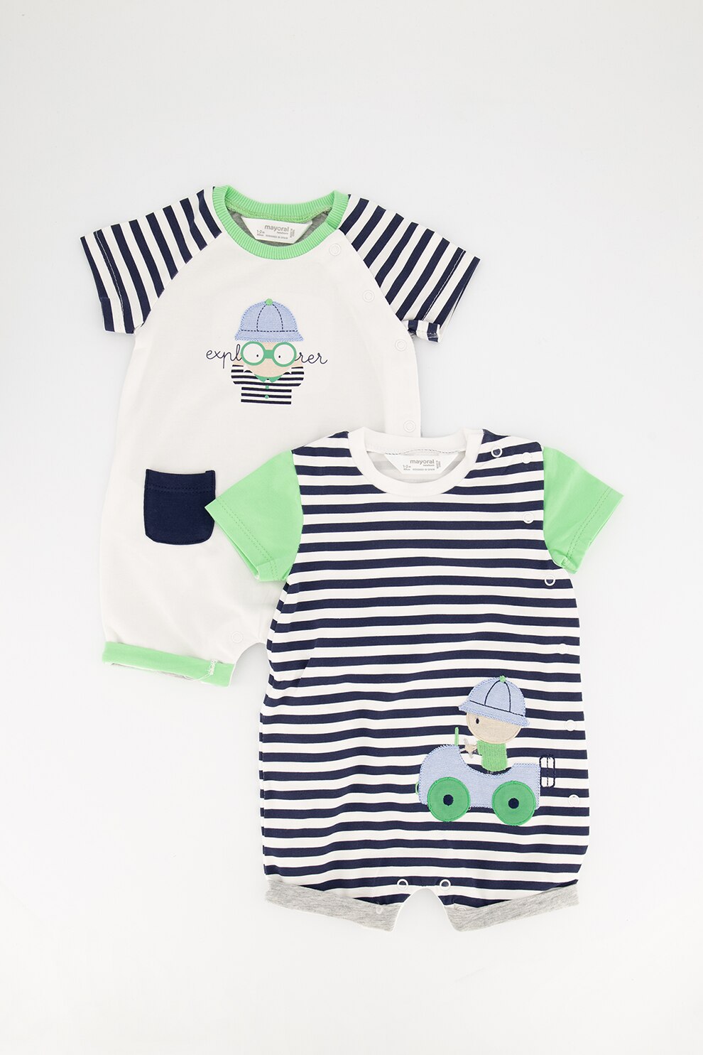 Mayoral, Salopeta scurta cu imprimeu, Bleumarin/Verde/Alb, 60 CM