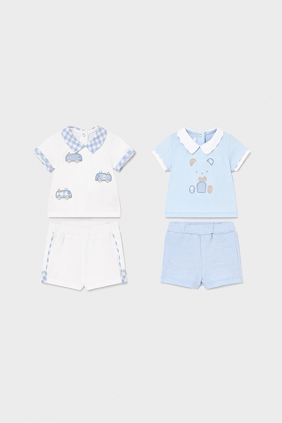 Mayoral, Set 4 piese cu tricouri cu guler si pantaloni scurti, baieti, Alb/Albastru azur, Alb/Albastru azur