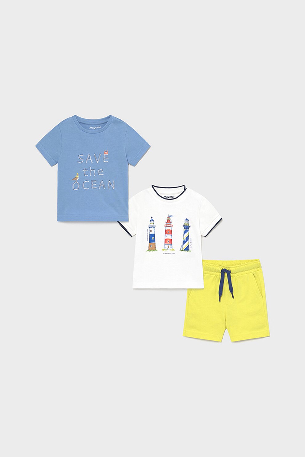 Mayoral, Set 3 piese de imbracaminte, baieti, cu imprimeu Save the Ocean, Galben/alb/albastru azur