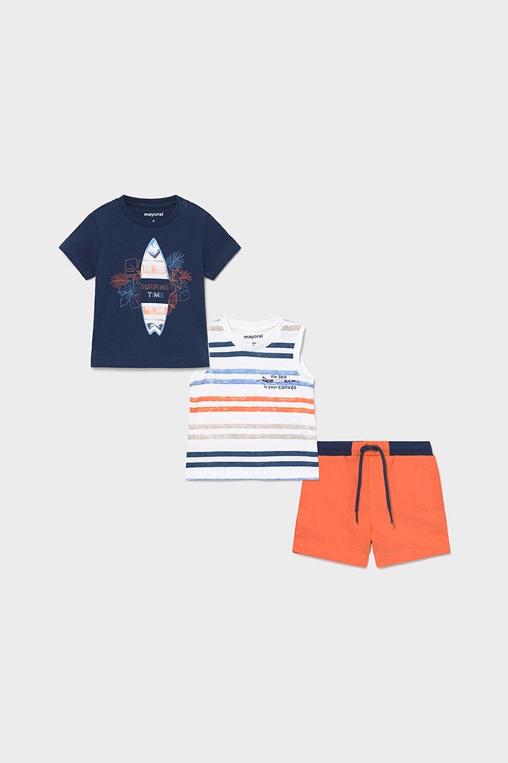 Mayoral, Set 3 piese de imbracaminte de bumbac, baieti, imprimeu Surfing, Oranj/Alb/Bleumarin