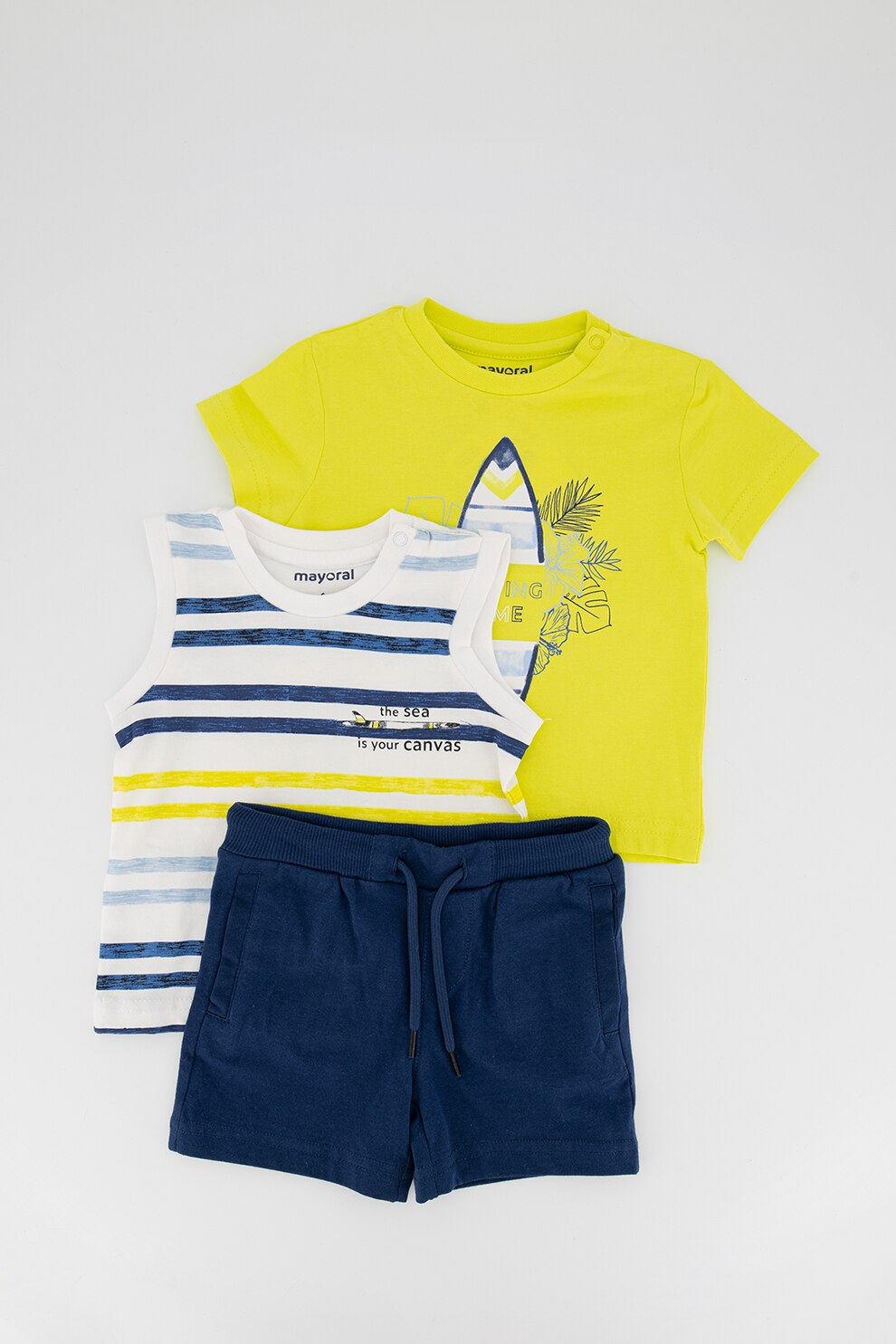 Mayoral, Set 3 piese de imbracaminte de bumbac, baieti, imprimeu Surfing, Albastru/Verde/Alb