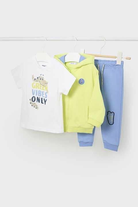 Mayoral, Set de tricou, pantaloni de trening si hanorac cu imprimeu - 3 piese, Alb/Albastru deschis/Verde fistic