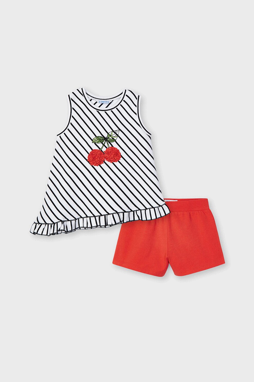 Mayoral, Set 2 piese cu tricou si pantaloni scurti, fete, cu dungi, Corai/Alb, Corai/Alb