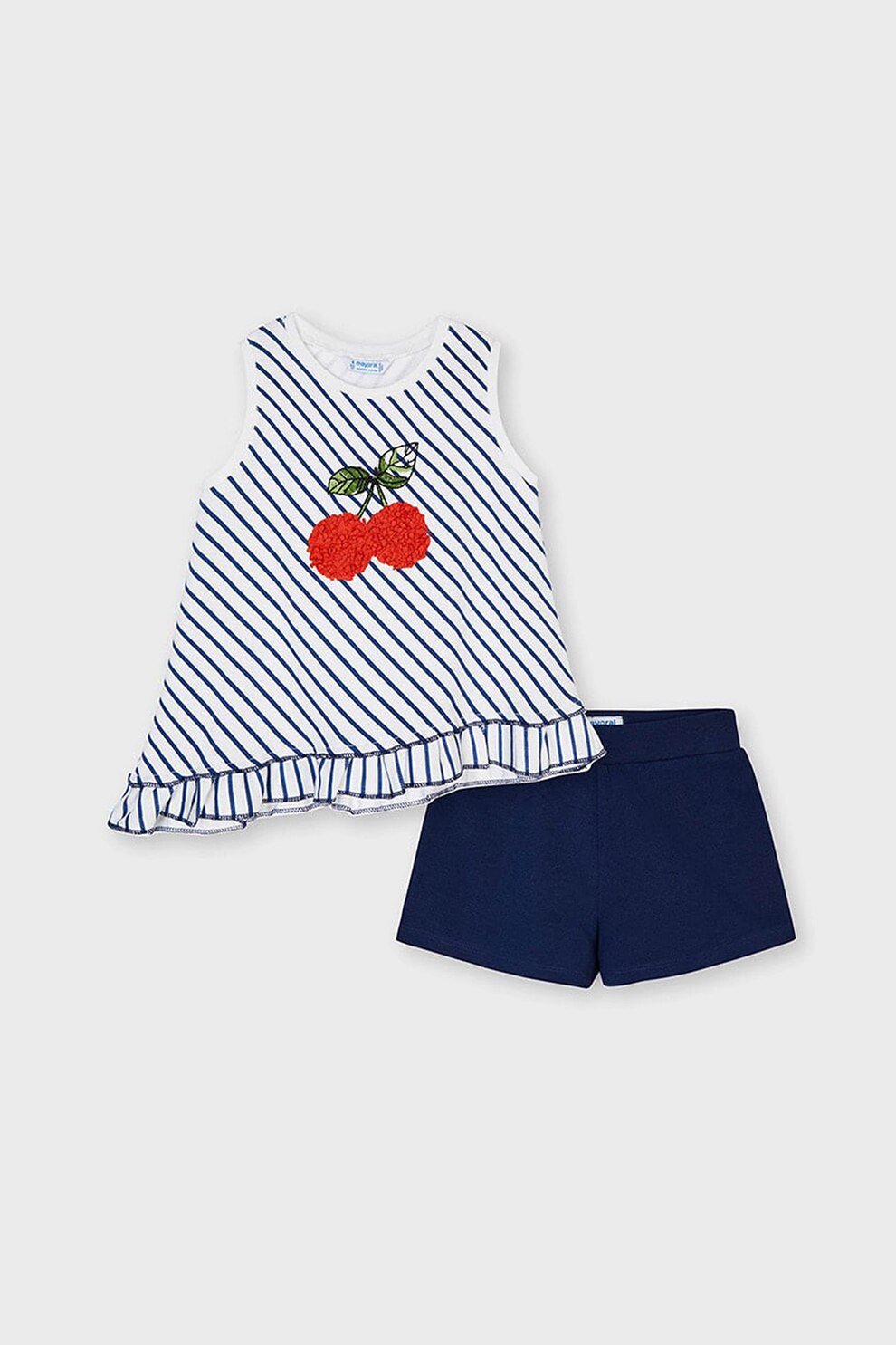 Mayoral, Set 2 piese cu tricou si pantaloni scurti, fete, cu dungi, Corai/Alb, Bleumarin/Alb