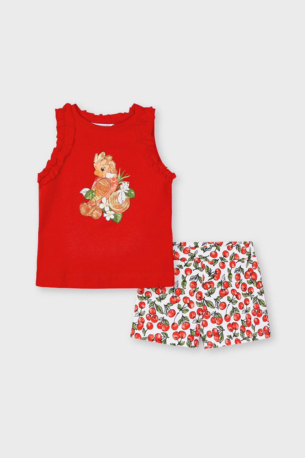 Mayoral, Set 2 piese cu tricou si pantaloni scurti, fete, imprimeu fructe, Rosu, Rosu
