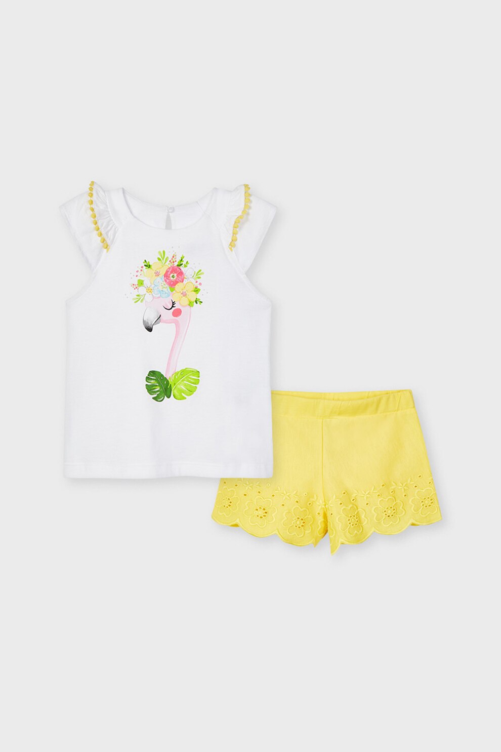 Mayoral, Set 2 piese de imbracaminte, fete, imprimeu flamingo, Galben/Alb, 128 CM