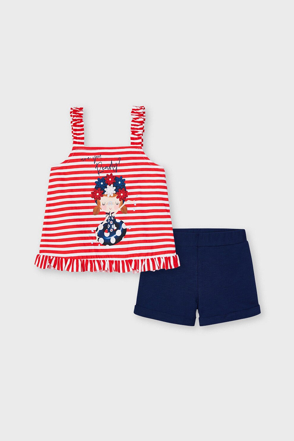 Mayoral, Set de top si pantaloni scurti cu imprimeu, Bleumarin/Rosu/Alb