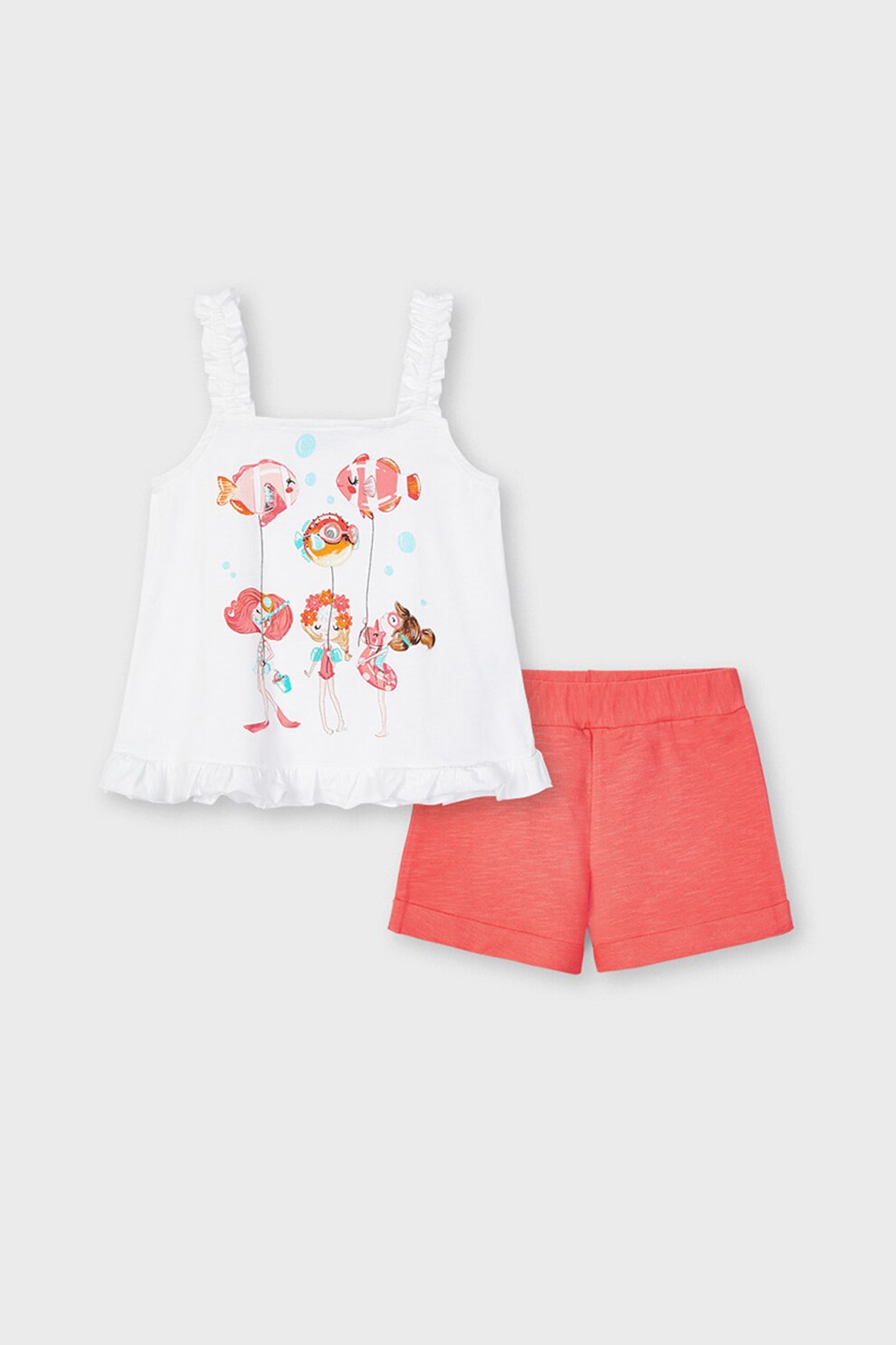 Mayoral, Set de top si pantaloni scurti cu imprimeu, Corai/Alb
