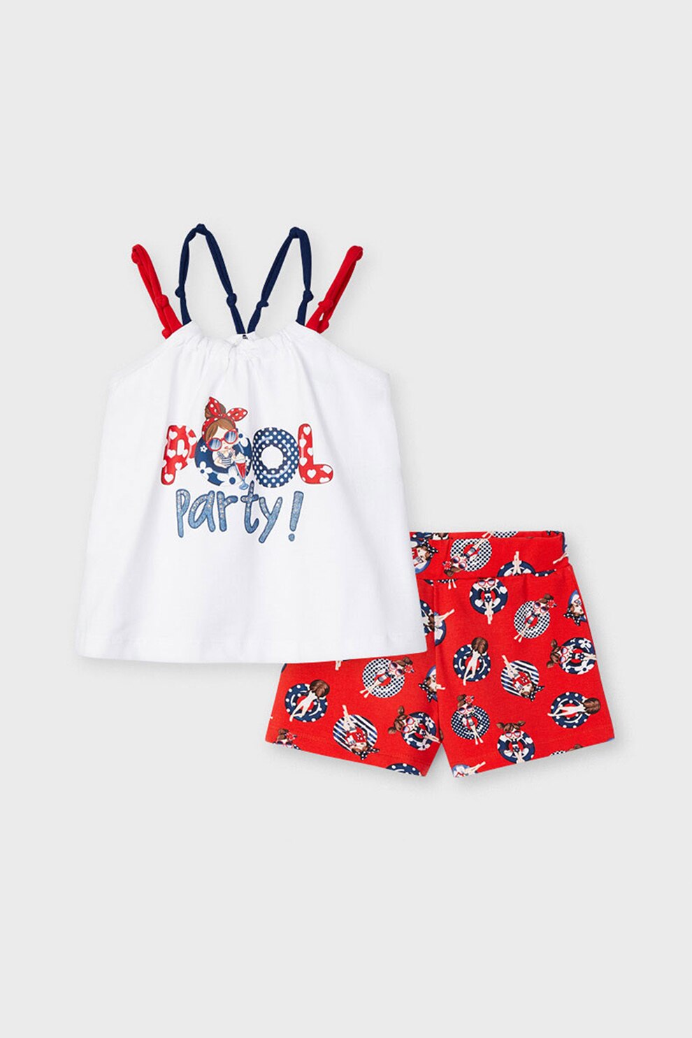 Mayoral, Set de top cu decupaj pe umar si pantaloni scurti cu model, Alb/Rosu