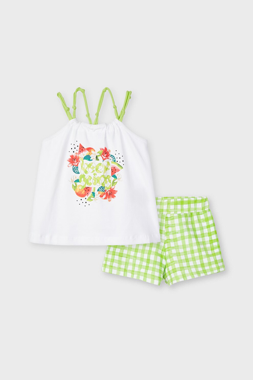 Mayoral, Set de top cu decupaj pe umar si pantaloni scurti cu model, Alb/Verde deschis