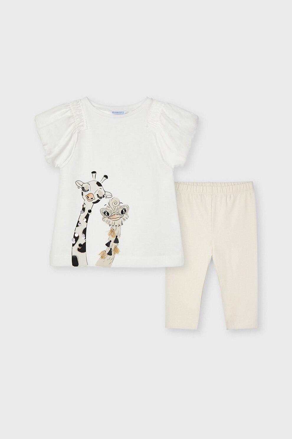 Mayoral, Set 2 piese cu tricou si colanti, fete, cu particule stralucitoare si imprimeu animale, Crem