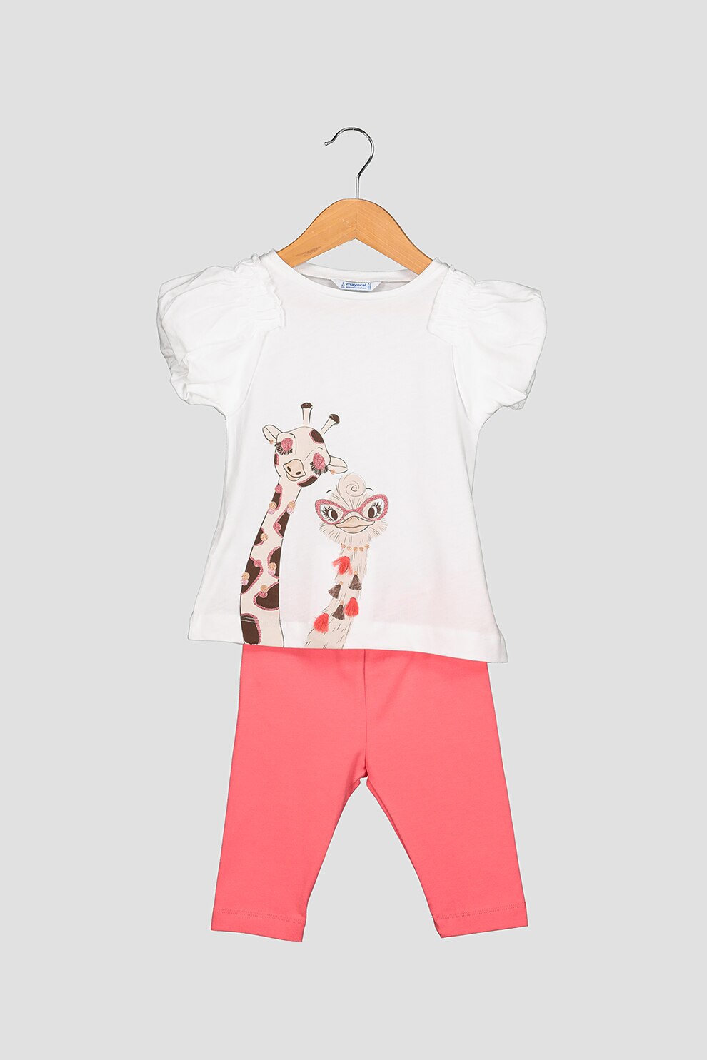 Mayoral, Set 2 piese cu tricou si colanti, fete, cu particule stralucitoare si imprimeu animale, Alb/Corai