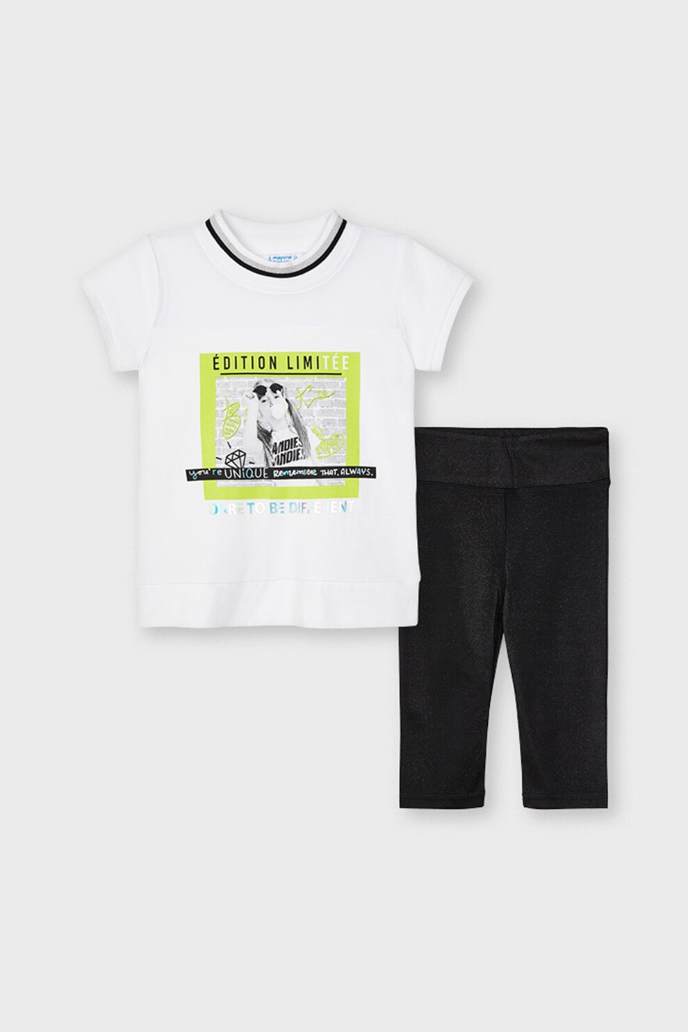 Mayoral, Set 2 piese cu tricou si colanti, fete, cu imprimeu grafic, Bleumarin/Alb, bleumarin inchis, alb