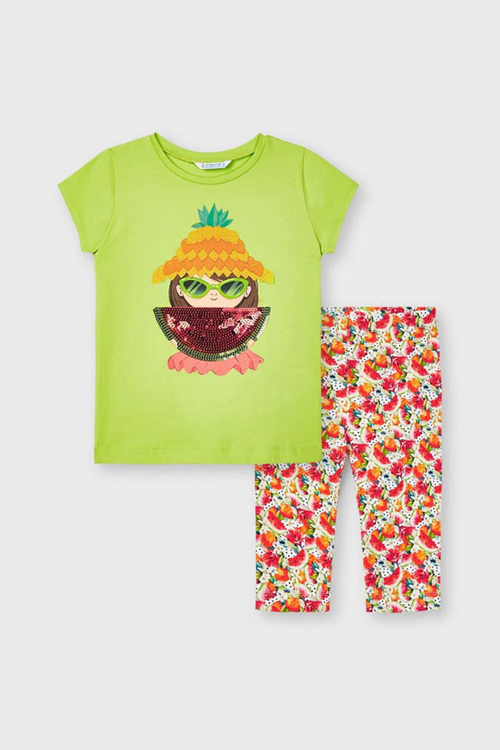 Mayoral, Set 2 piese cu tricou si pantaloni, fete, cu model grafic, Verde fistic/Rosu