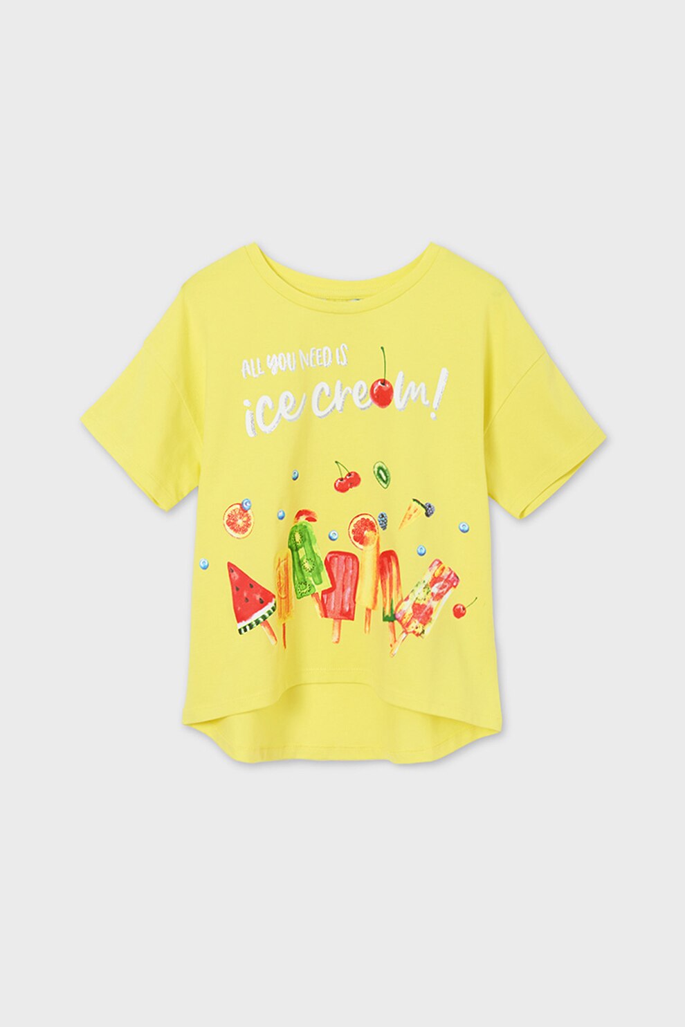 Mayoral, Tricou cu imprimeu si terminatie asimetrica, Galben, 140 CM