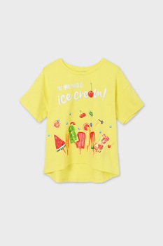 Mayoral, Tricou cu imprimeu si terminatie asimetrica, Galben, 140 CM Mayoral, Tricou cu imprimeu si terminatie asimetrica, Galben, 140 CM