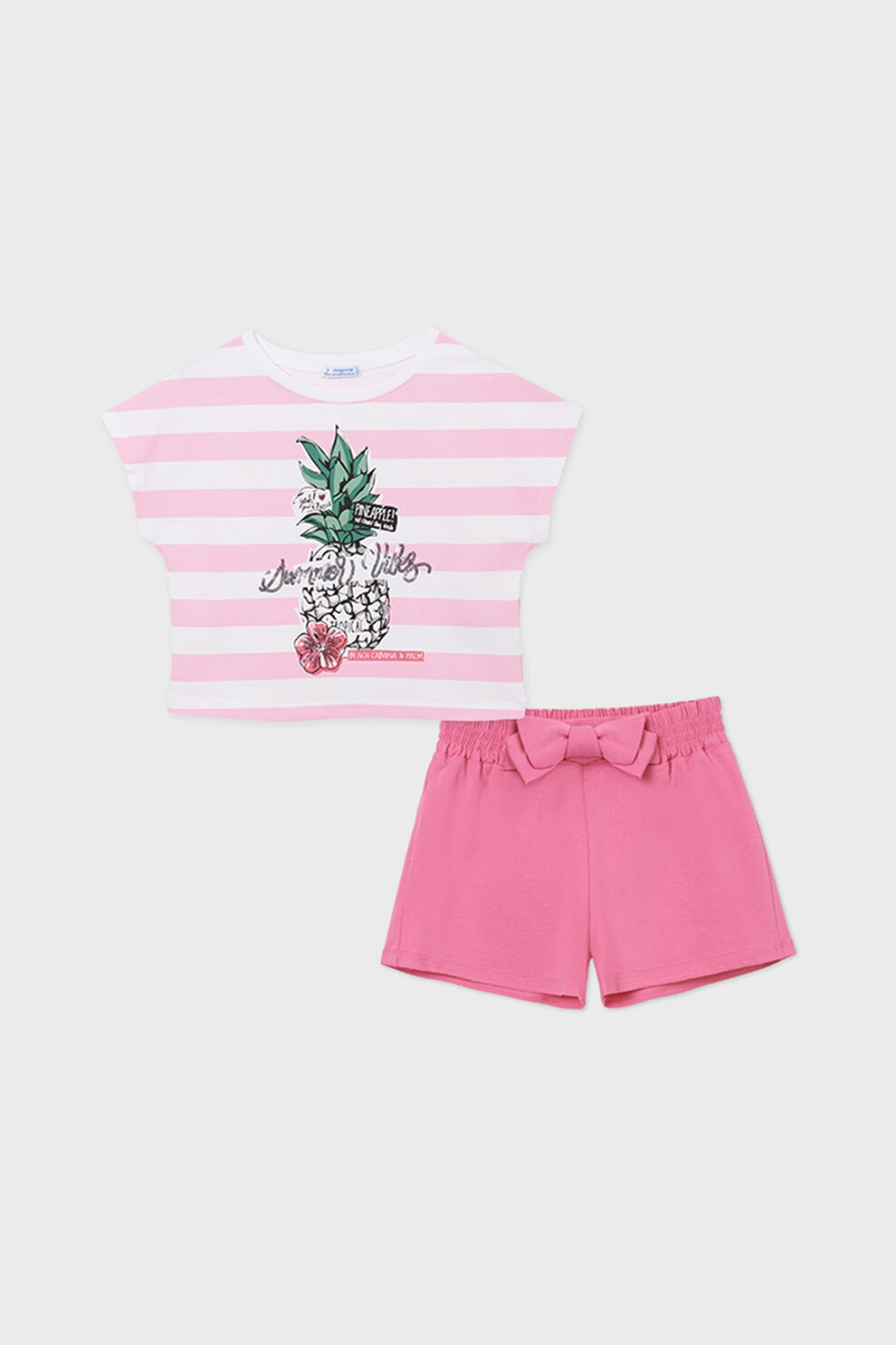 Mayoral, Set 2 piese cu pantaloni scurti si tricou, fete, cu dungi si imprimeu, Roz/Alb, Roz/Alb