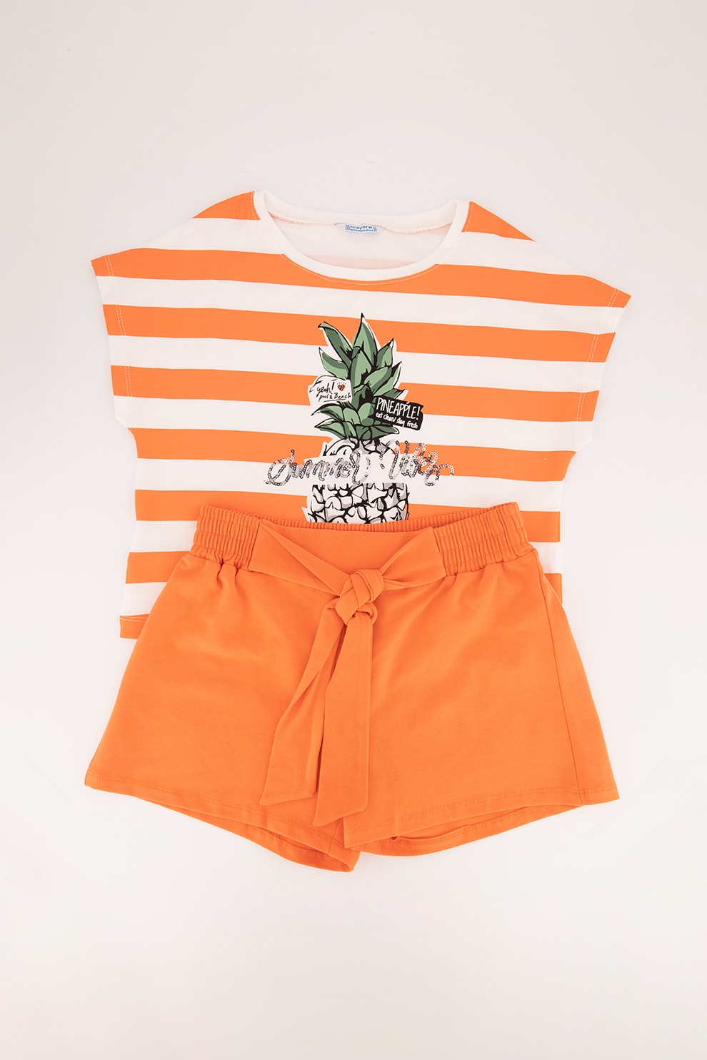 Mayoral, Set 2 piese cu tricou si pantaloni scurti, fete, cu dungi si imprimeu ananas, Oranj persan/Alb, Oranj persan/Alb