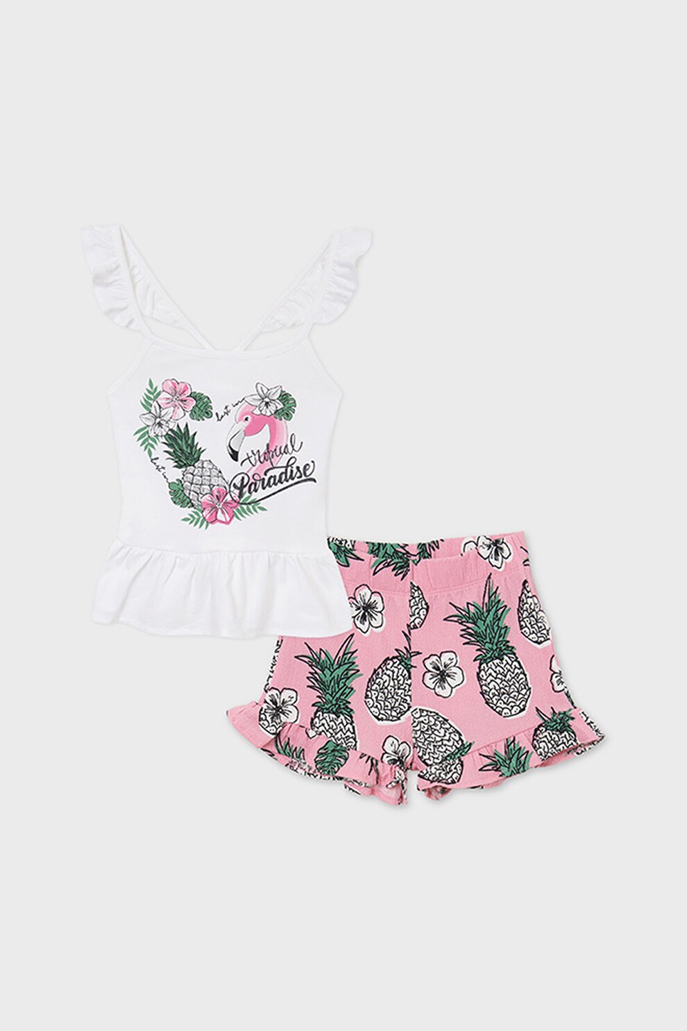 Mayoral, Set 2 piese cu pantaloni scurti si top, fete, cu imprimeu tropical, Alb/Roz