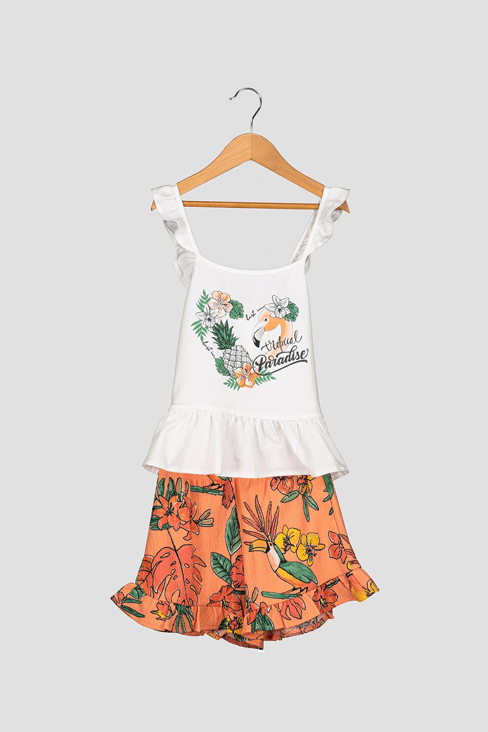 Mayoral, Set 2 piese cu pantaloni scurti si top, fete, cu imprimeu tropical, Oranj/alb/verde