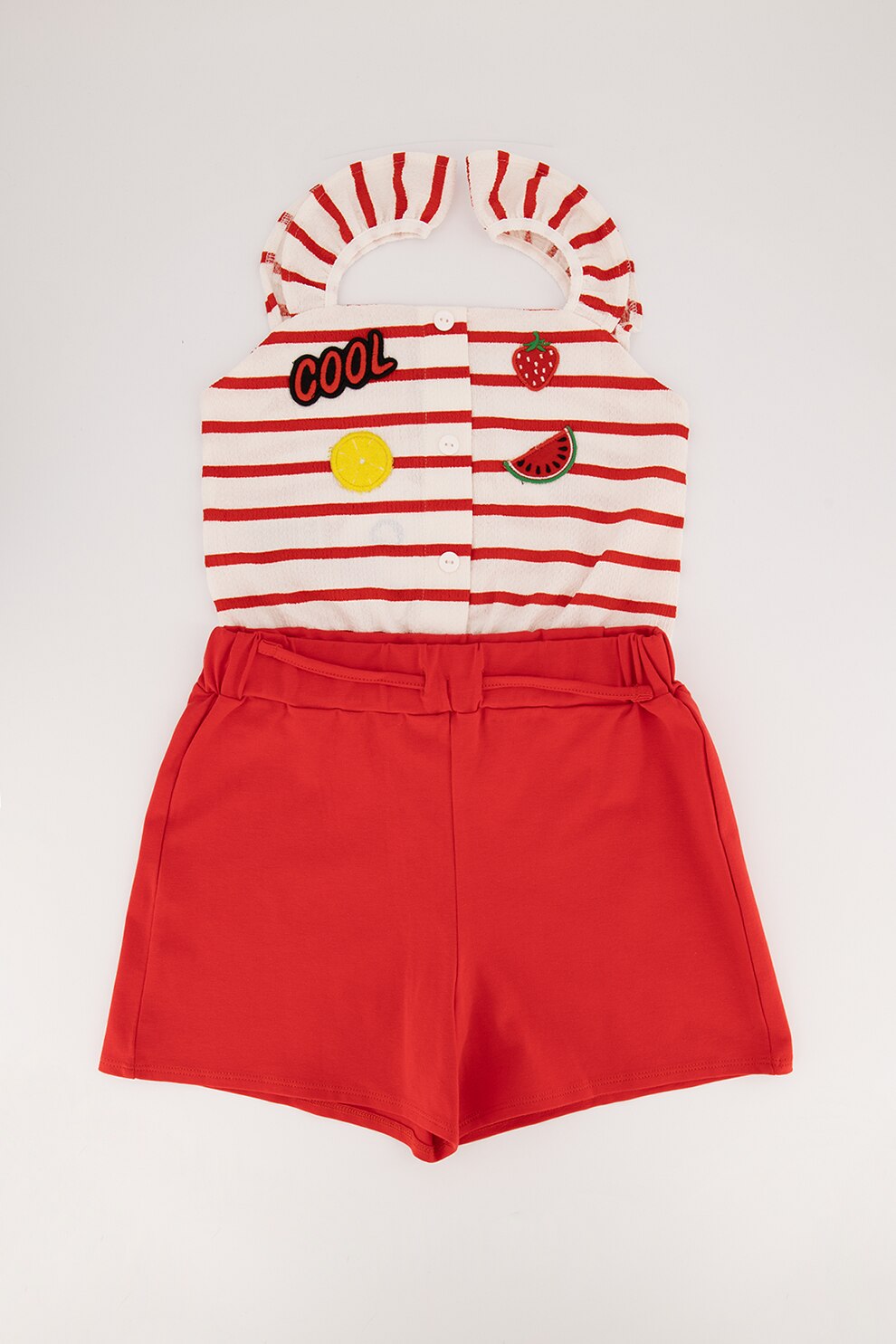 Mayoral, Set 2 piese cu top crop si pantaloni scurti, fete, cu imprimeu, Rosu/Alb, 152 CM