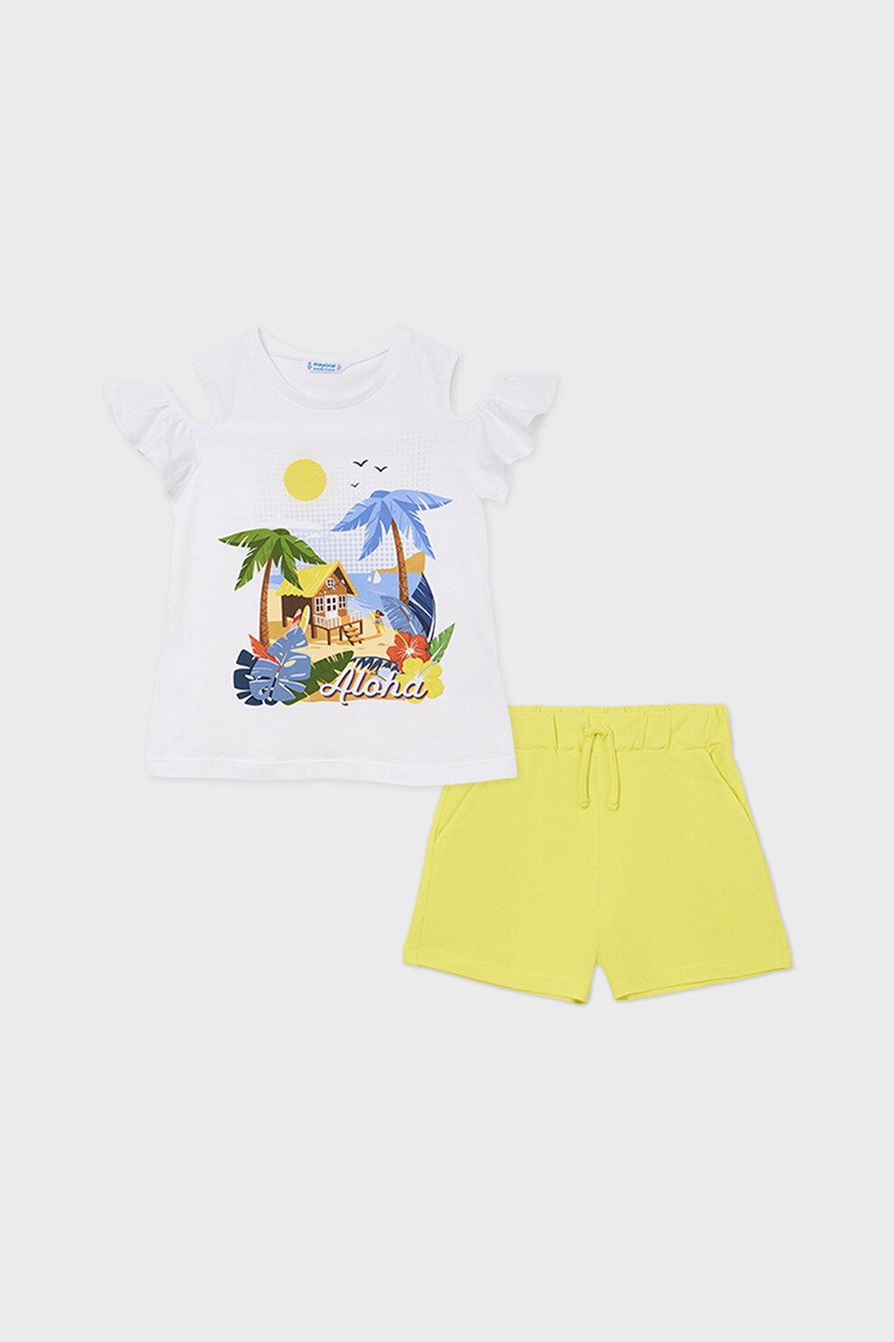Mayoral, Set 2 piese cu pantaloni scurti si tricou, fete, cu imprimeu grafic, Galben/Alb, Galben/Alb