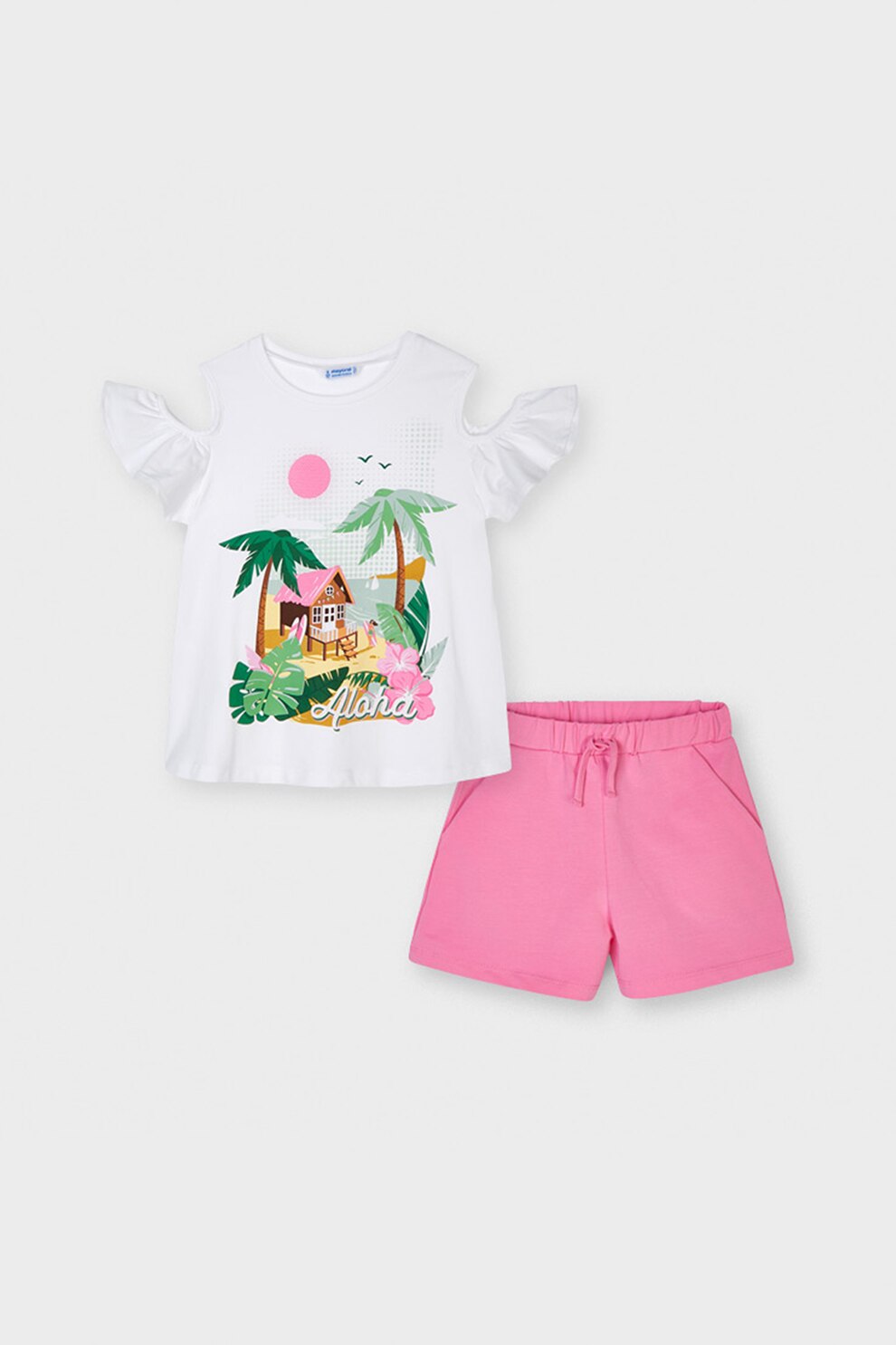 Mayoral, Set 2 piese cu pantaloni scurti si tricou, fete, cu imprimeu grafic, Galben/Alb, Roz/Alb