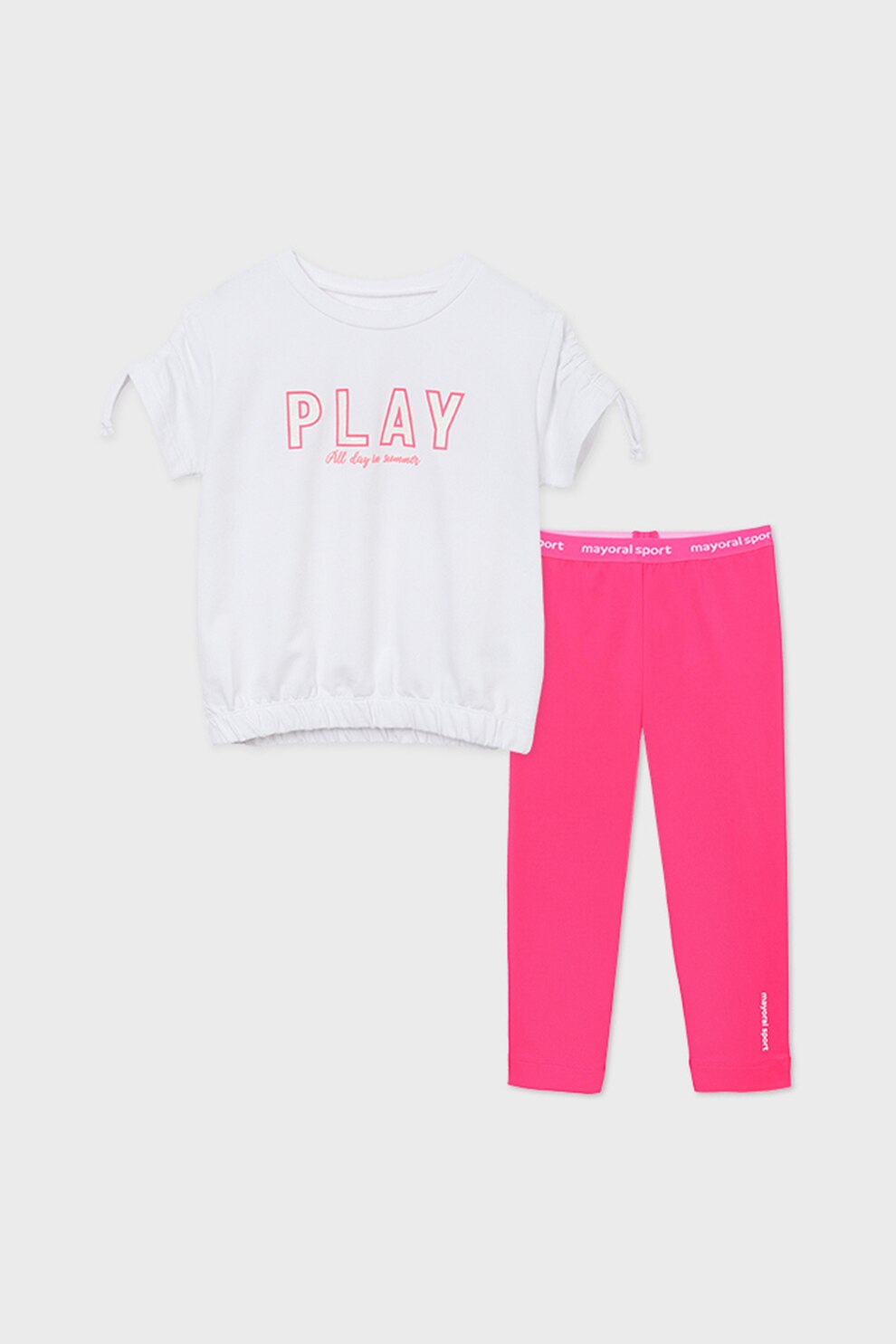 Mayoral, Set de tricou lejer cu pantaloni si imprimeu text, Roz/Alb, 152 CM