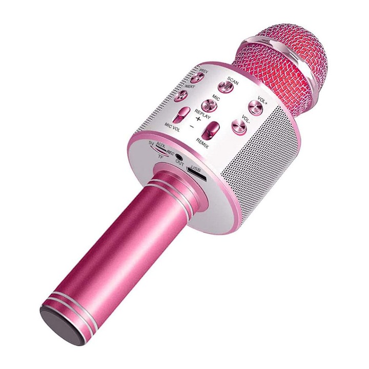 Microfon tip wireless - cu sistem karaoke si suport Bluetooth 4.1, Roz
