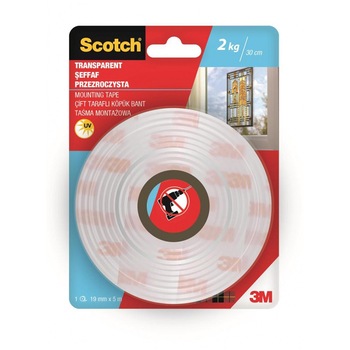Banda dublu adeziva transparenta pentru montare, 5 m x 19 mm, Scotch 3M Banda dublu adeziva transparenta pentru montare, 5 m x 19 mm, Scotch 3M