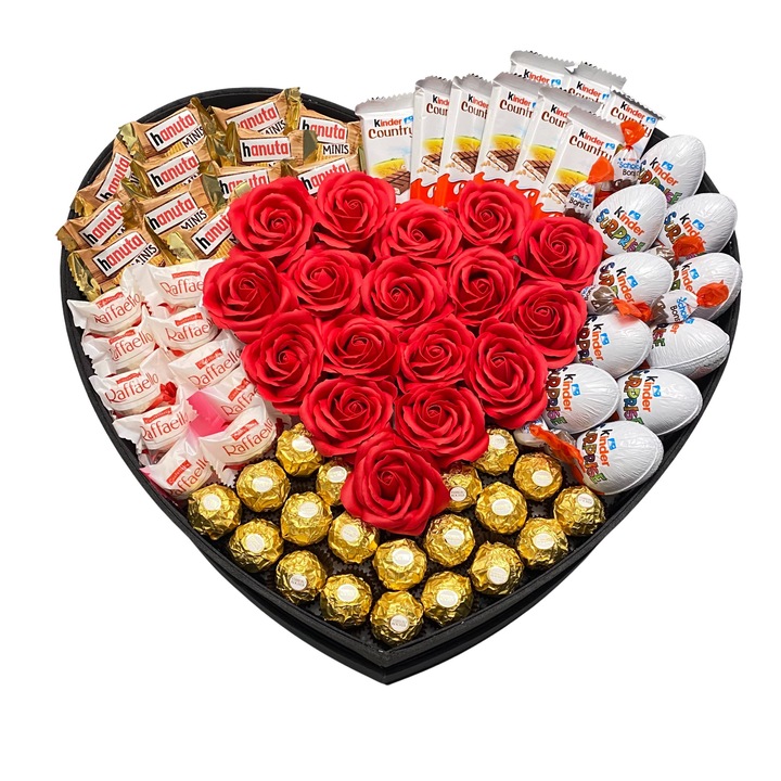 Cutie Cadou tip Inima Mare, ChocoBox, Lovely Red, Trandafirii si Ciocolata