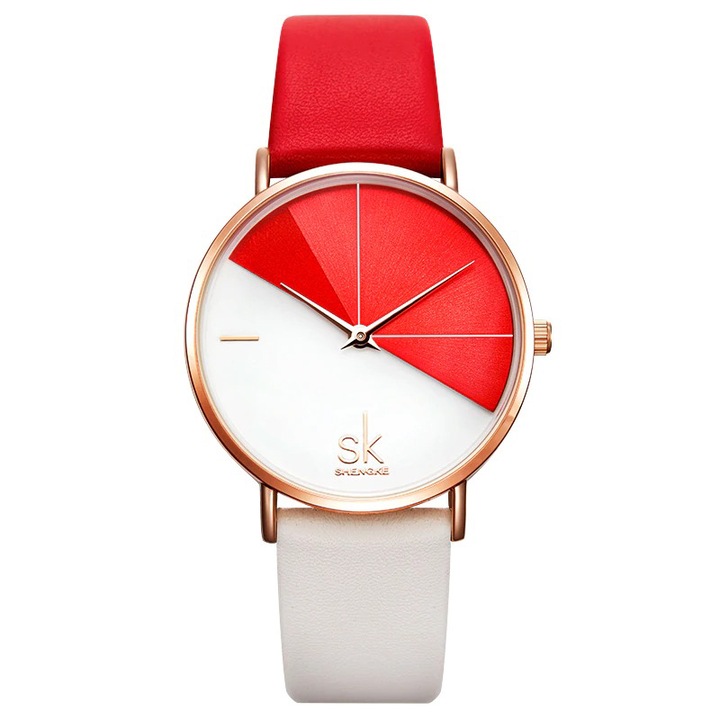 Дамски часовник, модел Shengke, цвят червено/бял, кварцов механизъм, 36 мм