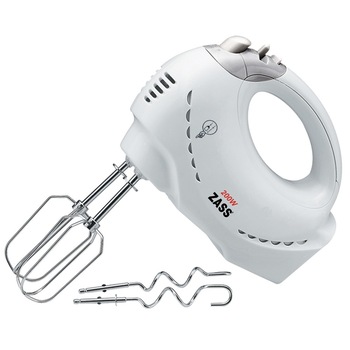 Mixer de mana, 200 W, 5 trepte de viteza, functie turbo, alb + argintiu, carlige framantare + palete amestecare Mixer de mana, 200 W, 5 trepte de viteza, functie turbo, alb + argintiu, carlige framantare + palete amestecare