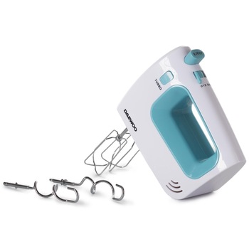 Mixer de mana Daewoo, 300 W, 5 trepte de viteza, functie turbo, alb + turcoaz Mixer de mana Daewoo, 300 W, 5 trepte de viteza, functie turbo, alb + turcoaz