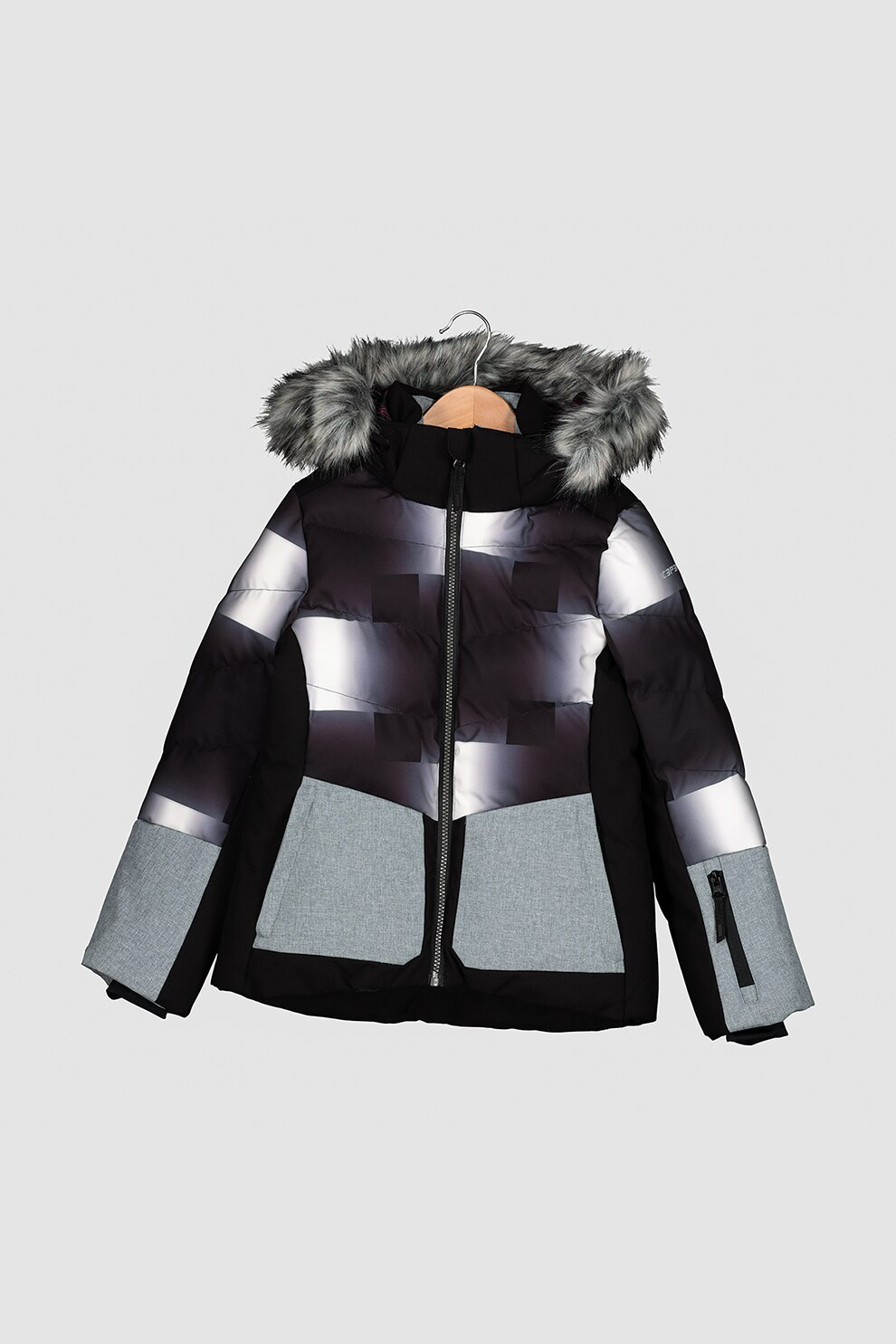 Icepeak, Geaca cu model geometric pentru ski Lomita Jr, 140 CM, negru/gri antracit