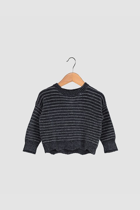 United Colors of Benetton, Pulover cu decolteu la baza gatului si model in dungi, Gri inchis