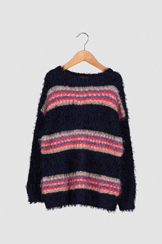 United Colors of Benetton - Раиран пуловер с едра плетка, Тъмносин/Розов, 130 CM
