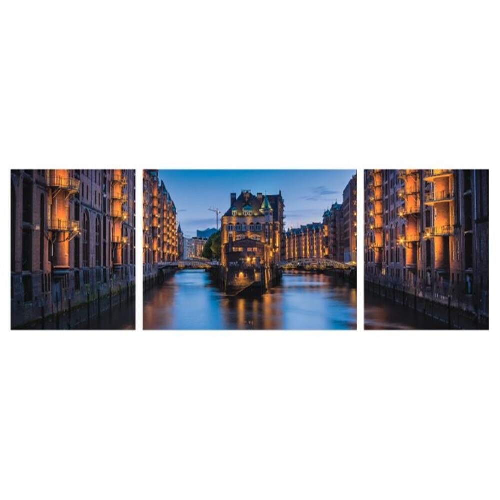 Tablou YEM1523, 3 piese, peisaj urban, canvas + sasiu brad, 130 x 45 cm