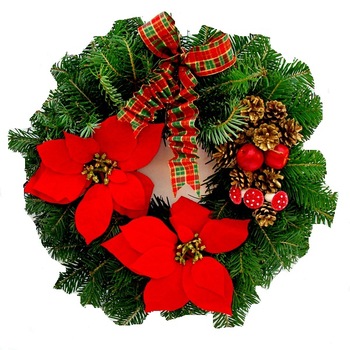 Coronita de Craciun brad natural, decorata cu funda si craciunite rosii 40 cm Coronita de Craciun brad natural, decorata cu funda si craciunite rosii 40 cm