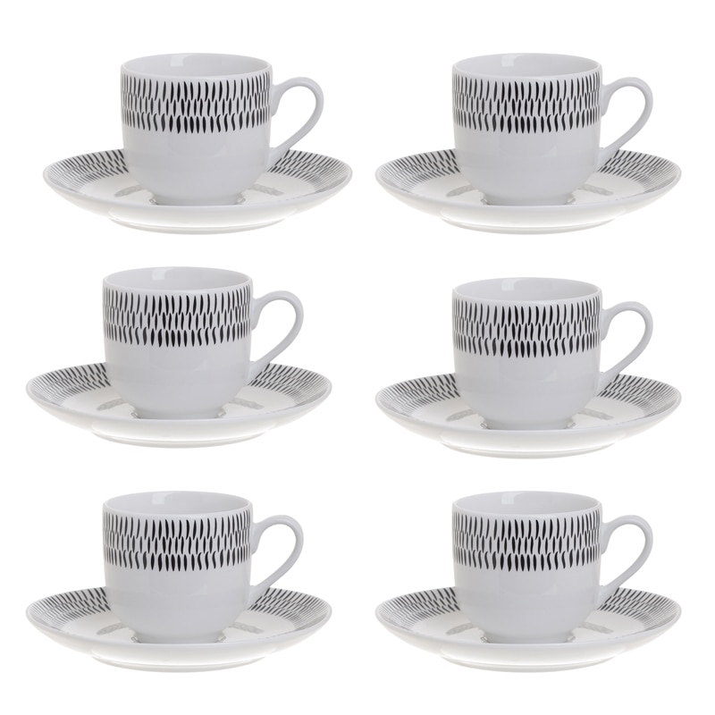 Set 6 cesti de Cafea cu farfurii, din portelan, culoare alb cu model negru, 90 ml