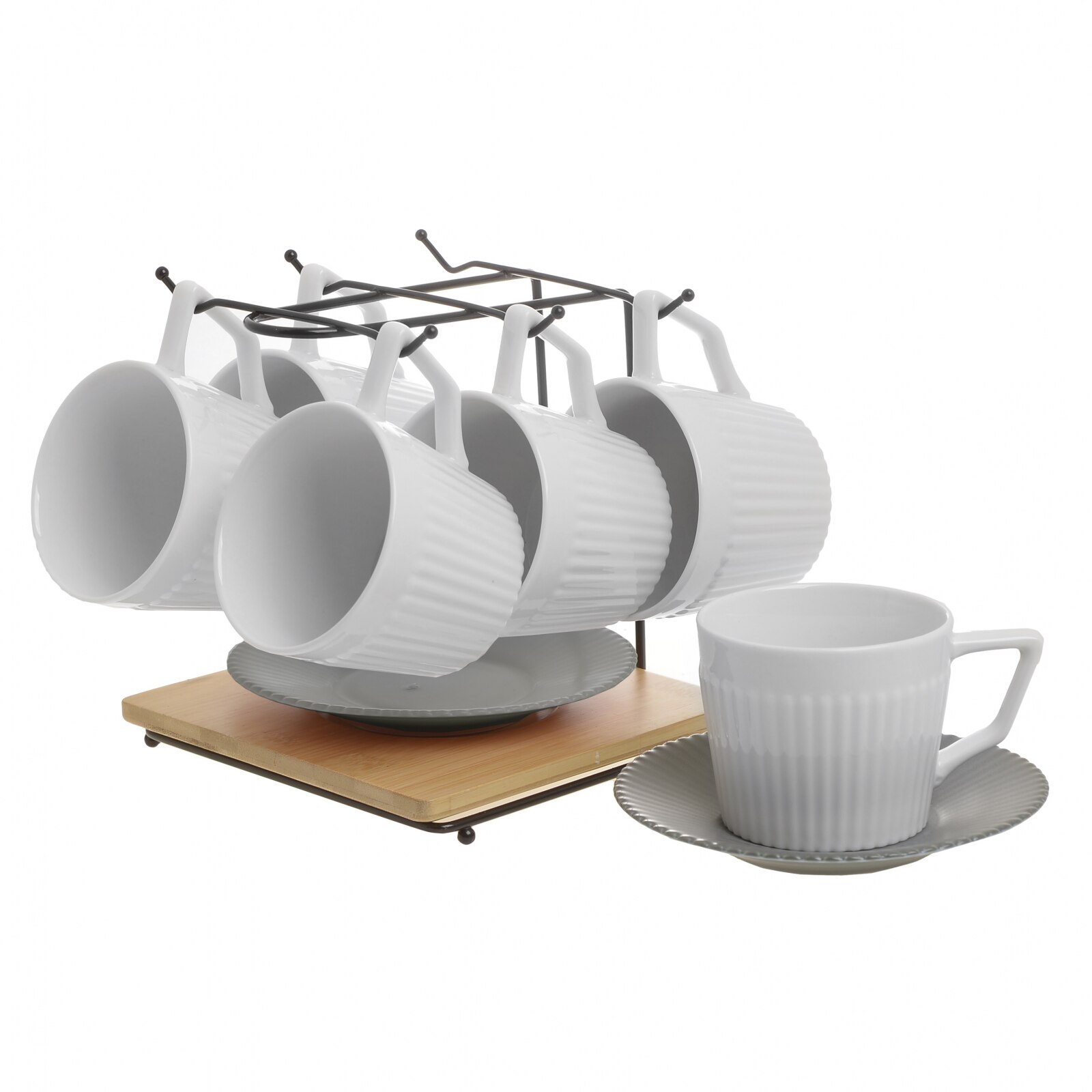 Set 6 cesti albe de ceai, cu farfurii gri, din portelan, cu suport, 200 ml