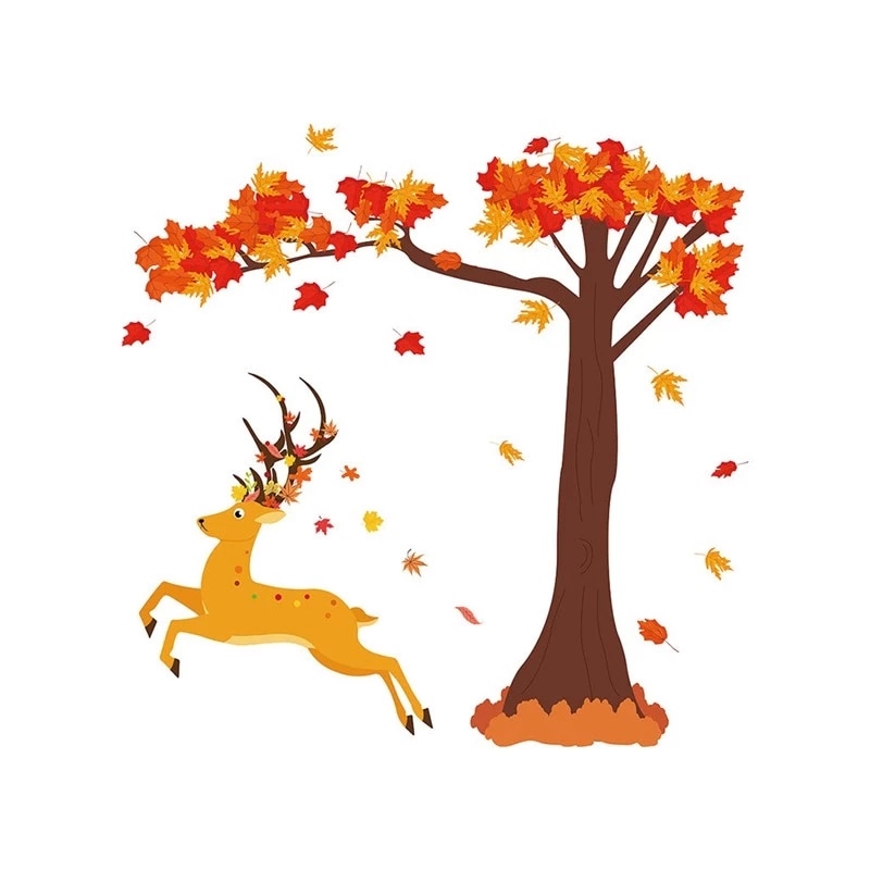 Sticker autocolant de perete, model Cerb si copac cu frunze cazatoare, 60x90 cm, multicolor