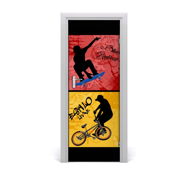 Stickere decorative, Tulup, Autocolante pentru usi, model biciclete Usa autoadeziv si skateboard-ul, 75 x 205 cm